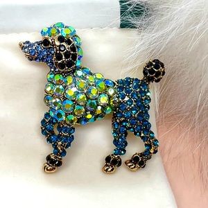 Rhinestone Dog Poodle Dog Brooch Green Blue